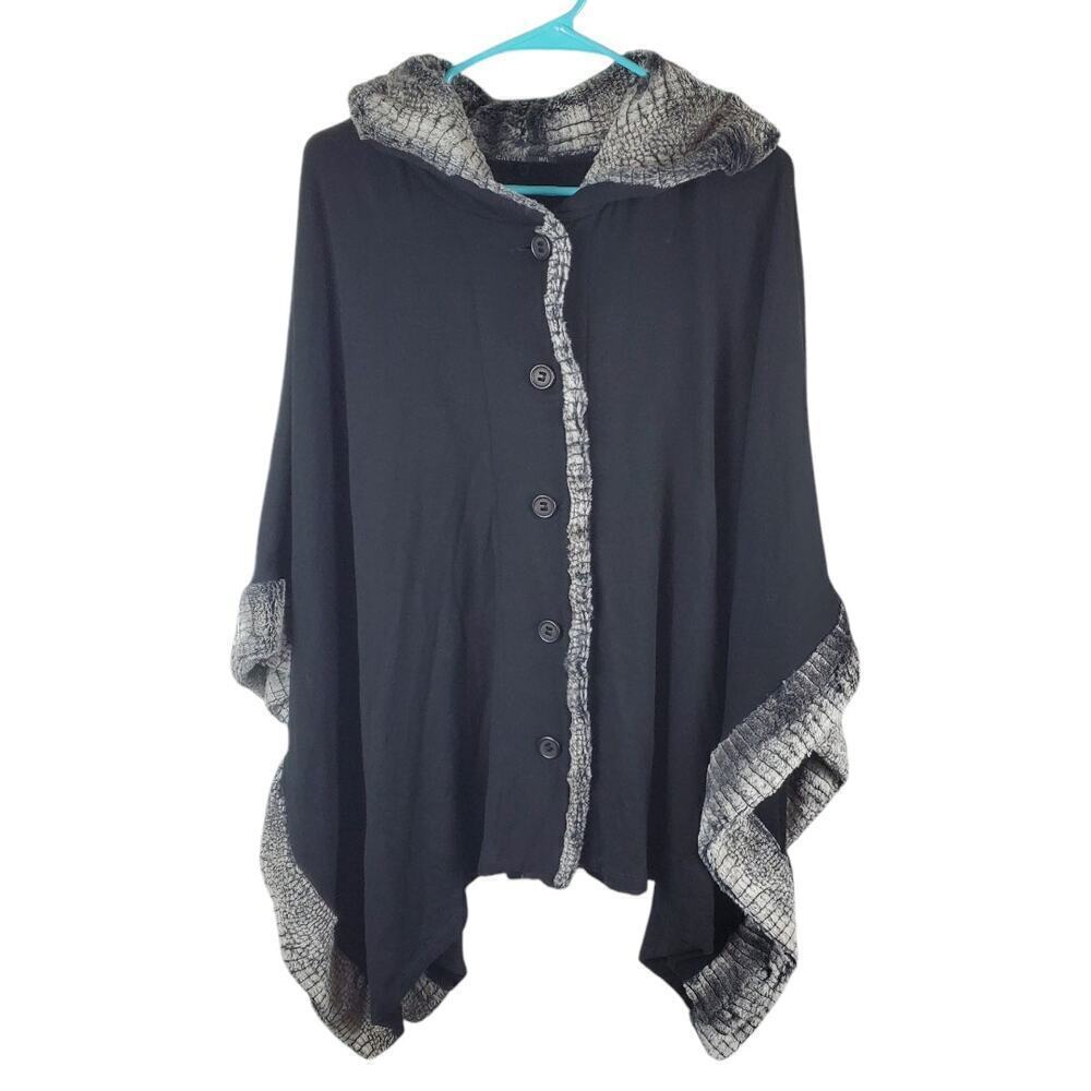Capote Women Hooded Cape Faux Fur Trim Black Size M/L Casual Poncho - Picture 2 of 11